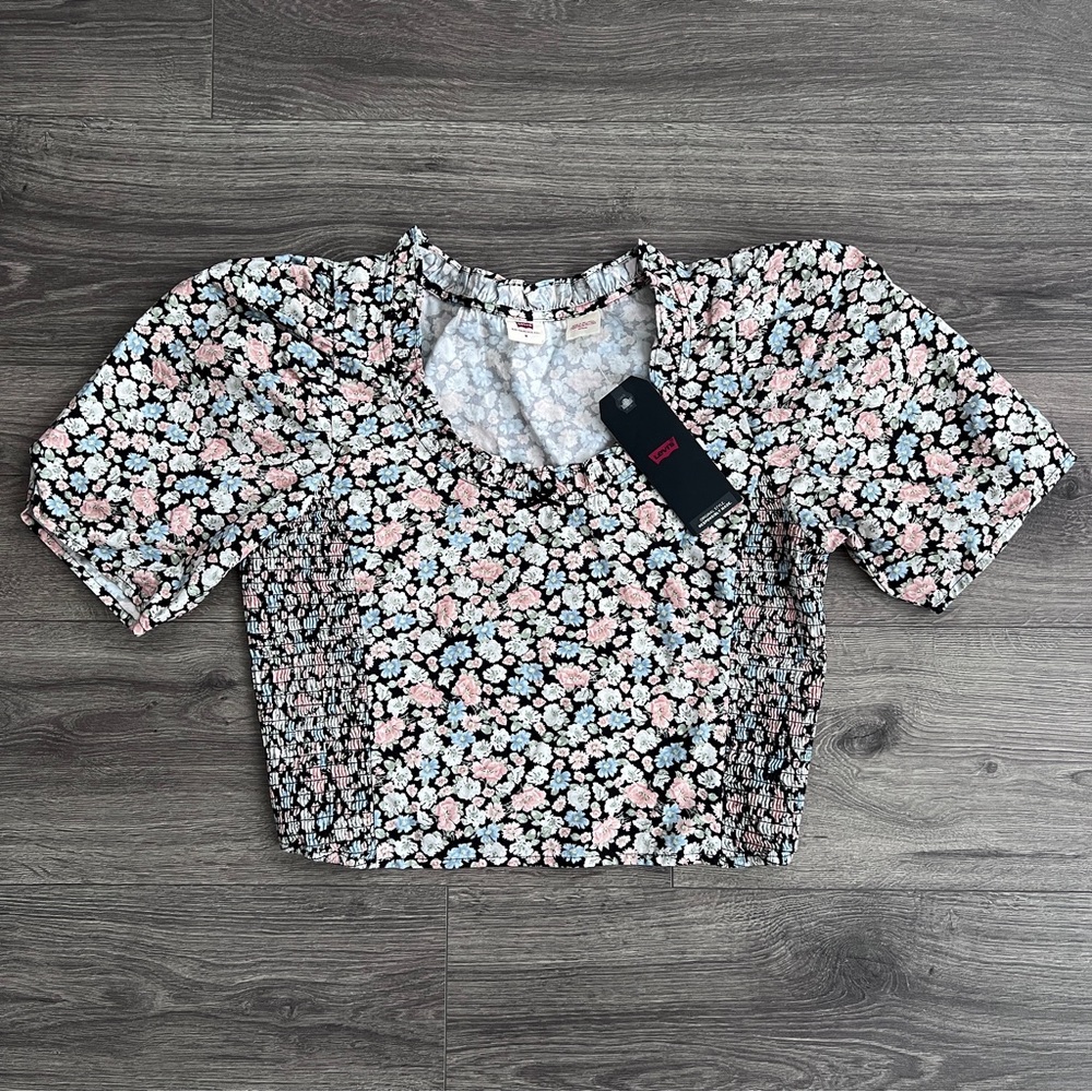 LEVI'S Puff Sleeve Floral Top Medium Smocked Pastel Cottagecore Coquette Boho
